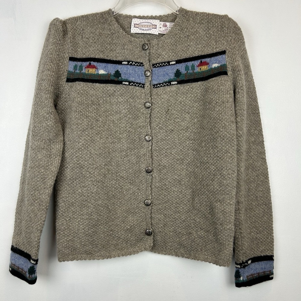 Vintage Susan Bristol Cardigan Sweater Womens Small Wool Beige Teacher Read Flaw